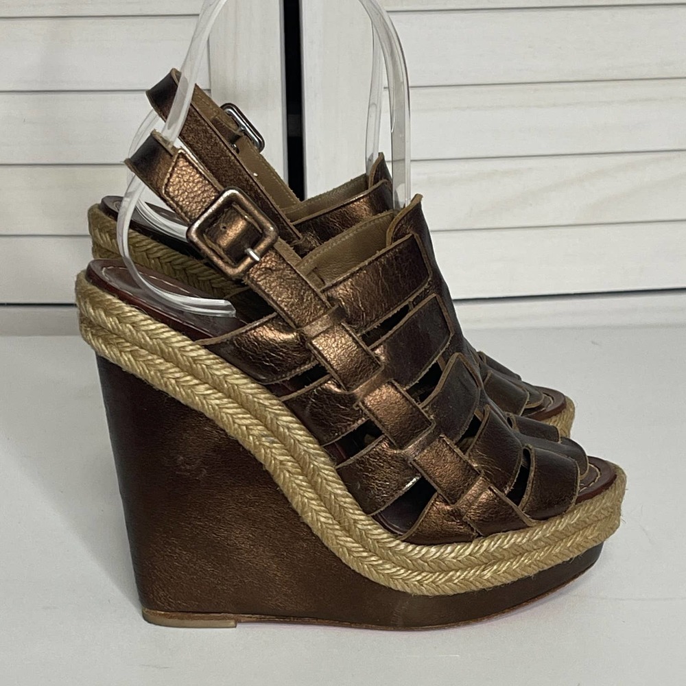 Christian Louboutin Metallic Bronze Leather Barcelona Wedge Sandals Size 35